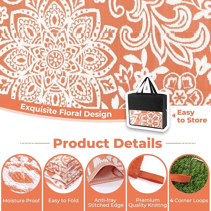 Findosom Waterproof Outdoor Rug 5' x 8' - Reversible Mandala Outdoor Plastic Straw Rug, Durable Foldable Patio Rug for RV, Deck, Balcony, Backyard, Picnic, Porch, Camping, Beach, Orange