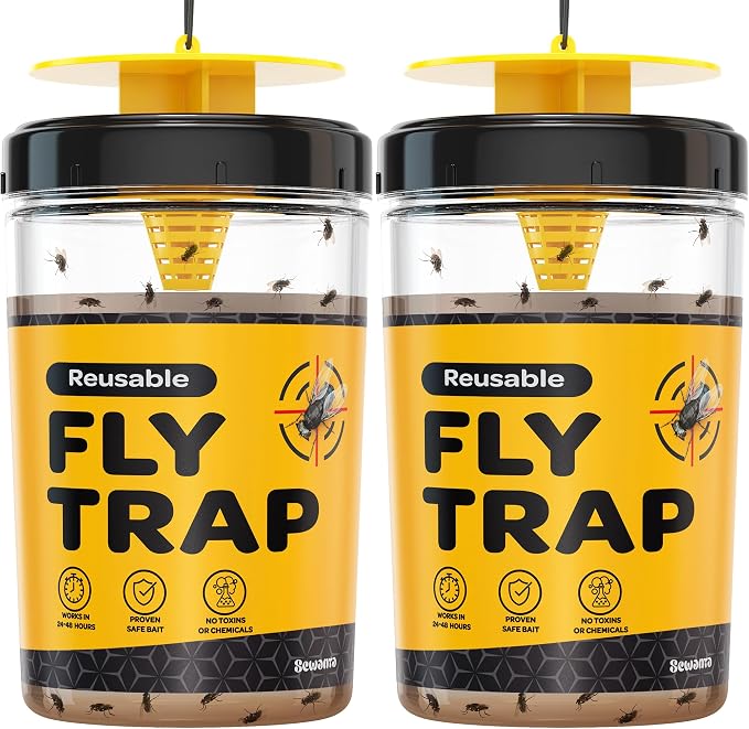 Fly Traps Outdoor [Set of 2] with Dissolvable Non-Toxic Bait - Reusable Hanging Bug Catcher Killer for All Flies for Outside Bug Control Patios, Barns, Ranches Etc. Hanging Fly Traps with Tie Included