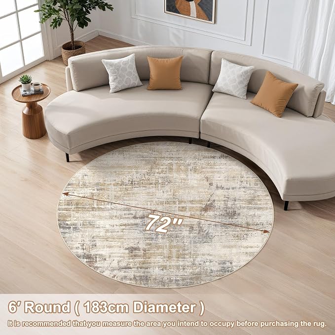 Uermei 6ft Round Area Rug for Living Room Washable Abstract Golden Brown | Soft Low Pile Non Slip Indoor Carpet Stain Resistant Kid Pet Friendly Circle Rug For Bedroom Dining Room Office Nursery