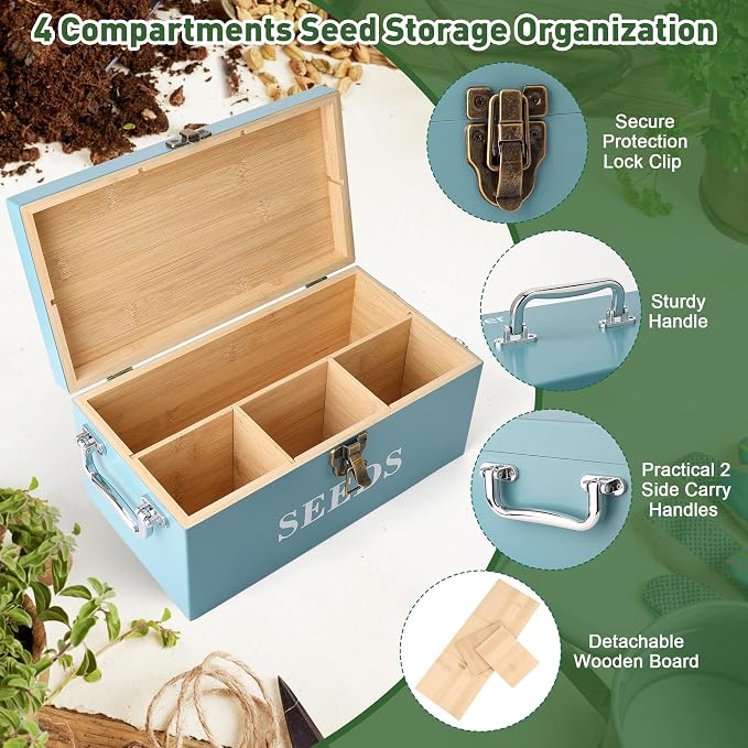 Coolrunner Wood Seed Saving Box, Seed Storage Organizer Case | Seed Packet Storage Organizer with Lock and 3 Handles, 30P Plant Labels, 30P Seeding Envelopes Bag (Blue)