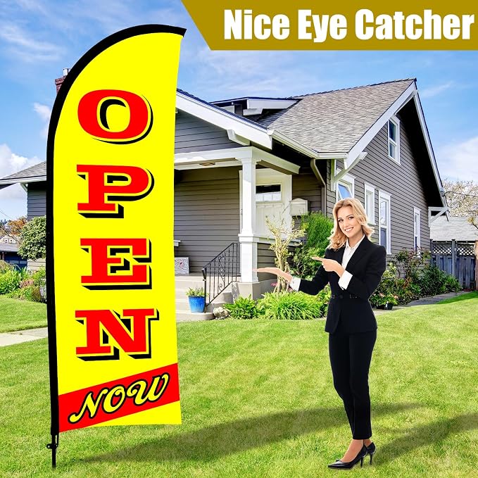 Buryeah 2 Sets Now Open Flag Banner for Business Advertising 7 ft Feather Flag Sign with Flagpole Ground Stake Portable Bag (Yellow)