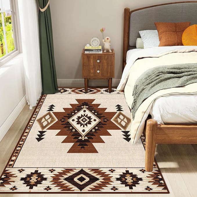 Western Rug 3x5 Area Rug for Bedroom Southwestern Aztec Rugs | Machine Washable Southwest Tribal Navajo Rugs Low Pile Non-Slip Floor Carpet for Kitchen Living Room Dining Room Bedroom