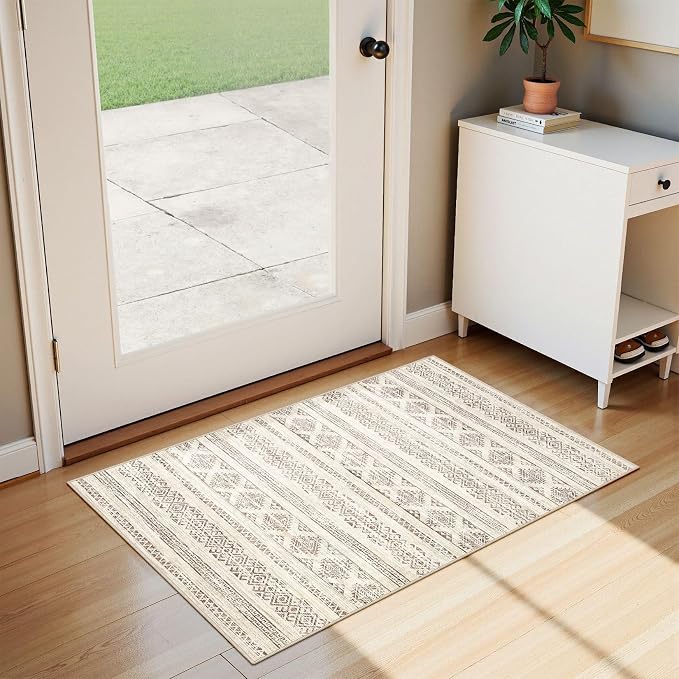 Tortania Area Rug Living Room Rugs - 2x3 Washable Soft Neutral Boho Moroccan Farmhouse Mat Indoor Floor Carpet for Bedroom Under Dining Table Home Office Decor - Brown