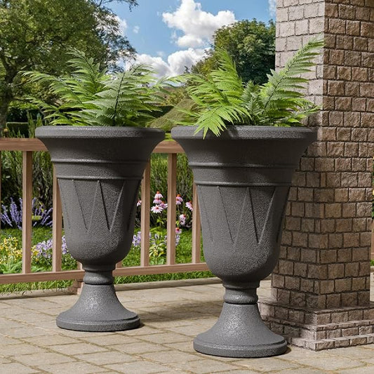 23.6" Tall Plastic Urn Planters for Outdoor Plants, Set of 2 Heavy-Duty Classic Indoor Large Flower Pots with Drainage Holes & Trophy Design, Outdoor Planters for Porch, Home Garden, Dark Grey