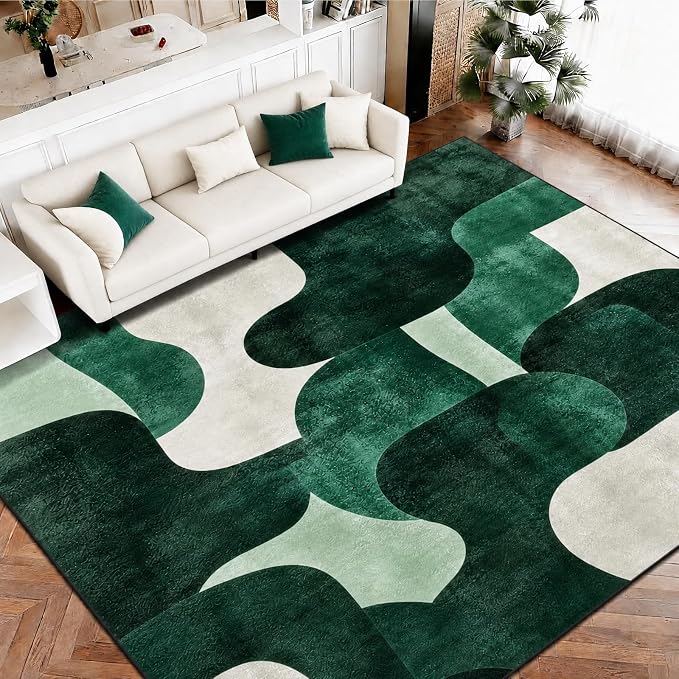 9CH Modern Green Beige Abstract Area Rug 5x7 Wave Rugs for Living Room | Washable Soft Low Pile Non-Slip Carpet for Dining Room, Office Home Decor,Green