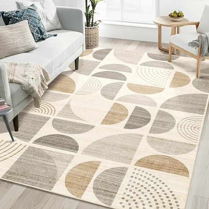 5x7 Area Rugs Boho,Washable Rugs Non Slip Modern Abstract Large | Throw Carpet for Living Room Bedroom Dining Room Soft Low Pile Floor Indoor Bohemian Neutral Beige