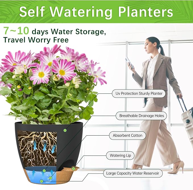 8/7/6.5/6/5.5/5 Inch Self Watering Pots for Indoor Outdoor Plants, Set of 6 Large Plastic Planters with Visual Water Window, Drainage Holes & Watering Lip, Modern Decorative Flower Pots (Black)
