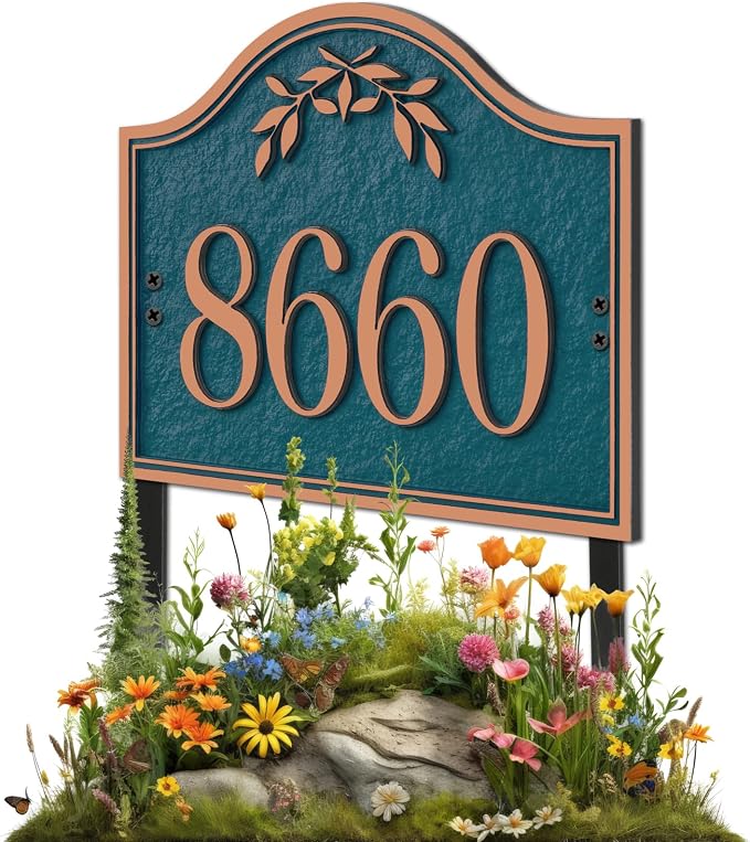 Yard Address Sign - Personalized Address Plaque,House Number Yard Sign,House Numbers for Outside,Lawn,Yard,Ground with 2 Stakes (Green/Copper)