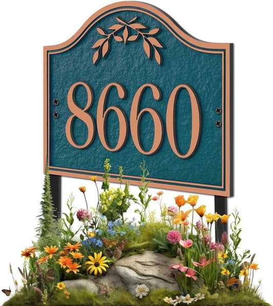 Yard Address Sign - Personalized Address Plaque,House Number Yard Sign,House Numbers for Outside,Lawn,Yard,Ground with 2 Stakes (Green/Copper)