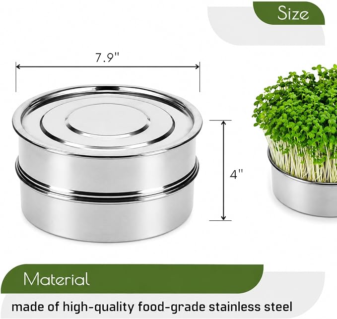 Stainless Steel Sprouting Tray 7,9'' - Round 2-Tier Seed Gardening Planter for Microgreens Broccoli Sprouts Growing Kit Microgreens Tray Germination