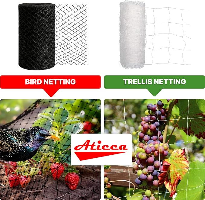 ATICCA Heavy Duty Bird Netting for Garden Protection & Fruit Trees, 13x40 Ft with 10 Stakes – Black Anti-Bird Net for Poultry, Deer, & Squirrel Protection, Durable Mesh for Garden and Yard Use