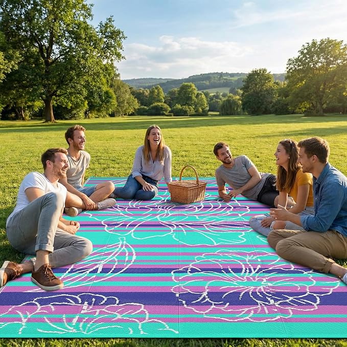 Garvee 8x10 Outdoor Waterproof Rug, Floral Outdoor Area Rug，Reversible Plastic Straw Patio Rug, Portable Camping Mat for RV, Picnic, Beach, Balcony, Garden & Camping Purple&Blue