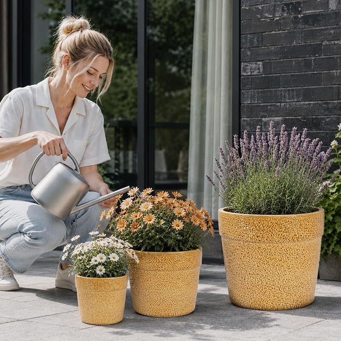 Ceramic Planters Set of 3, 15/12/9 Inch Indoor & Outdoor Large Plant Pots with Drainage Hole, Handmade Speckled Glaze Decorative Flower Pots for Indoor Plants, Patio & Garden, Antique Yellow