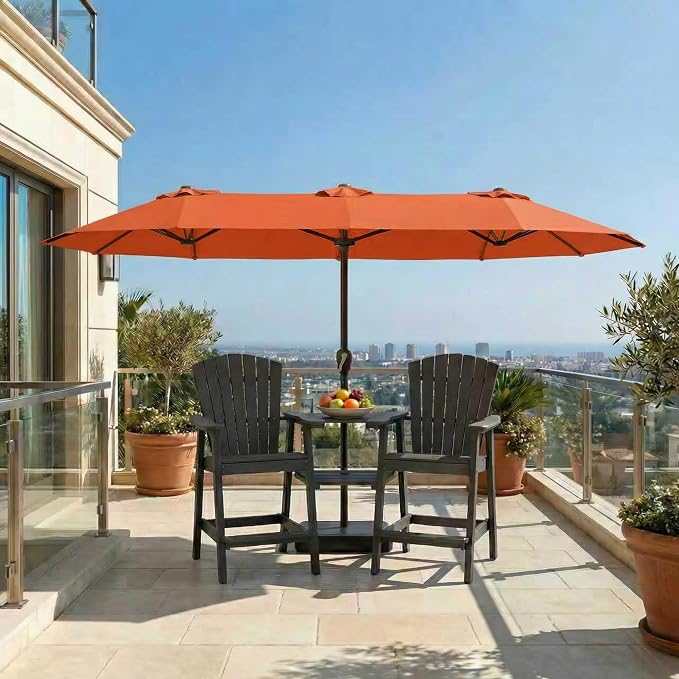 15FT Large Patio Umbrella with Base Included, Double Sided Outdoor Market Umbrella with Flexible Fiberglass Ribs, UV-Blocking Extra Large Umbrella for Garden, Pool, Deck, Terracotta