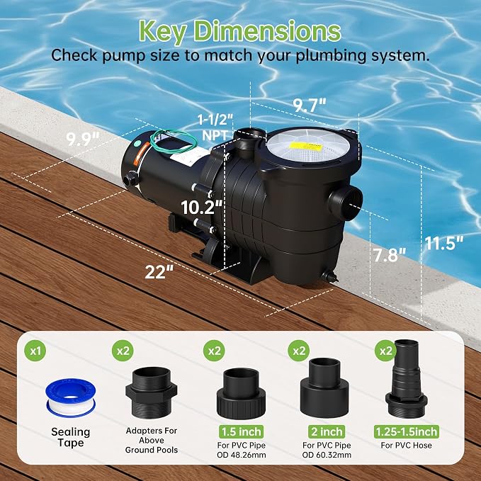 Real Relax 2.0 HP 6800GPH Powerful Dual Voltage Pool Pump | Self-Priming Swimming Pool Pump with Strainer Basket,1.5", 2", and 1.25"-1.5" Connectors, for Inground & Above Ground Pools
