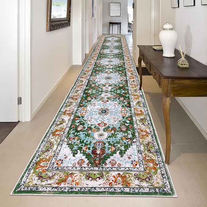 U'Artlines 2'x14' Boho Hallway Runner Rug Non Slip Washable Runners,Green | Vintage Farmhouse Kitchen Rug Accent Area Carpet for Entryway, Dining Room and Living Room
