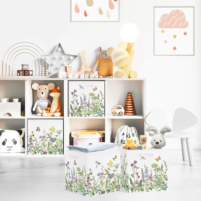 Clastyle Flowers Storage Cube Organizer Set Handle Closet Clothes Cube with Metal Frame Foldable Parents Organizer Storage Basket for Book Toy,Green,11.8x11.8x11.8 in