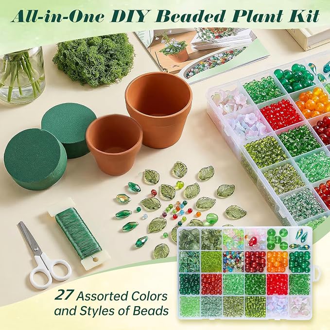 Ecoofor Green Beads Beaded Plant Kit DIY Plant Kit, Green Glass & Crystal Leaf Beads, Video Tutorials, Desk Gifts, Handmade Gifts for Plant Lovers
