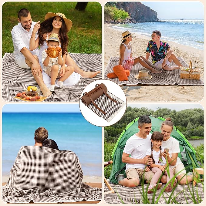 VitalCozy Waterproof Picnic Blankets 59 x 78in Outdoor Blanket Foldable 2 in 1 Double Layer Sandproof Beach Mat with Carry Strap for Camping Lawn Park Beach Grass(Coffee White)