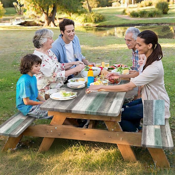 Picnic Table Cover with Bench Covers Elastic Edges Camping Essentials 4 Pcs Wood Grain Green Waterproof Oil-Proof Tablecloth with Handbag for RV Accessories Farmhouse Camping Rustic Party Decor 72 IN