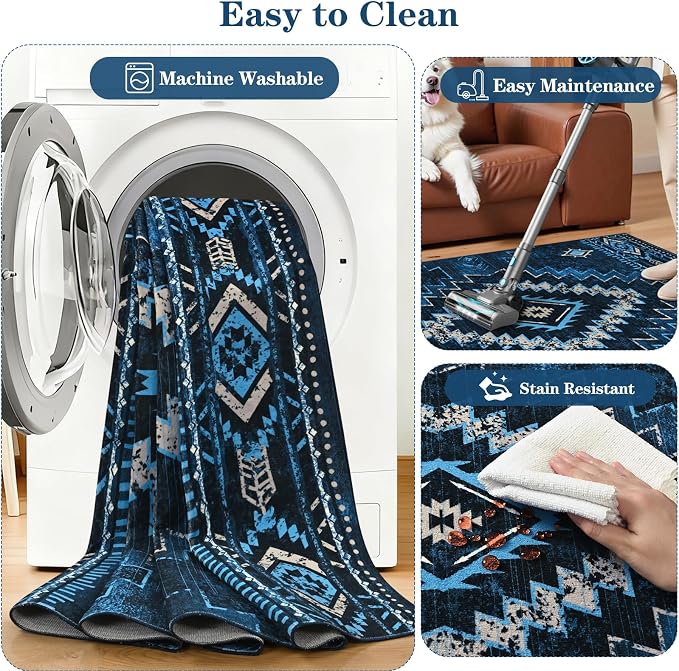 Yinhua Living Room Rug 6x9, Western Washable Area Rug for Bedroom | Aztec Blue Rugs Non-Slip with Rubber Backing, Soft Non-Shedding Carpet for Office Nursery