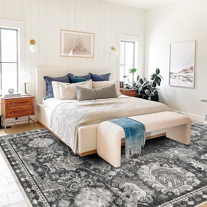 Washable Area Rugs - Perfect for Living Room, Bedroom, Kids Room, Nursery - Stain & Water Resistant Non-Slip, Pet & Child Friendly, Vintage Tribal Area Rugs (Grey, 3' x 5 ')