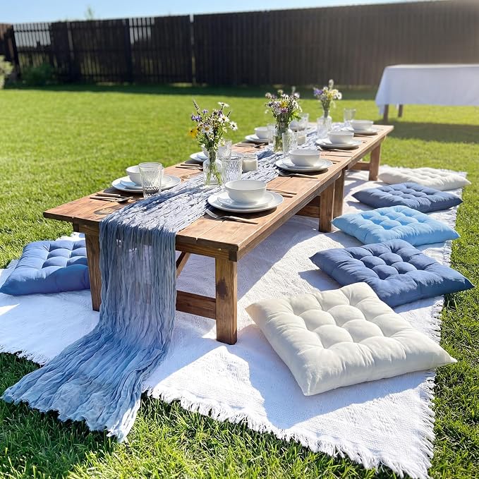 8 Pcs Fit for 6 People 91 x 71'' Extra Large Outdoor Picnic Blanket with Blue White Table Runner and Floor Pillow Cushion Fit for 6 People Picnic Wedding Birthday Baby Shower Backyard Decor