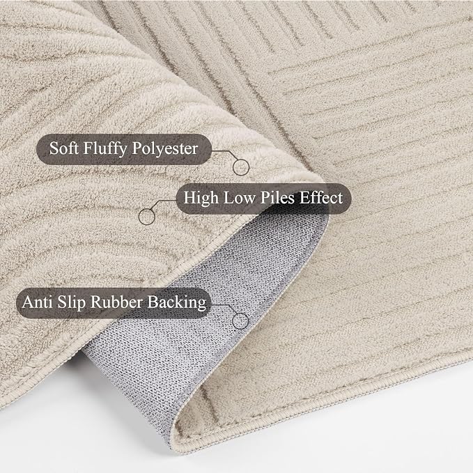 SHACOS Soft Cozy Fluffy Arch Pattern High Low Pile Area Rugs 5'x7' Non Slip Washable Scandinavian Minimalist Rug Modern Geometric Arc Carpet for Living Room Bedroom Dining Room, Beige
