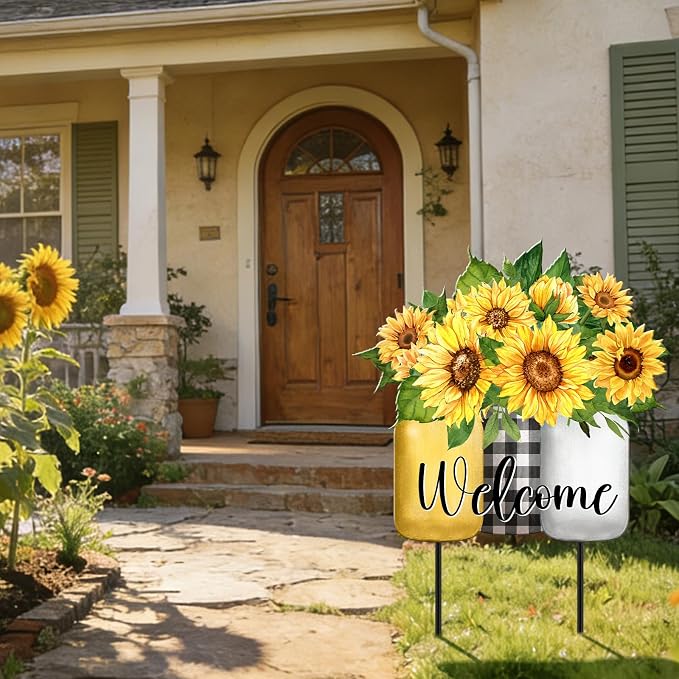 MorningRo Sunflower Outdoor Decor 26" Metal Summer Welcome Yard Sign Outdoor Garden Yard Stakes for Outside Garden Lawn Patio Backyard Porch Decorations