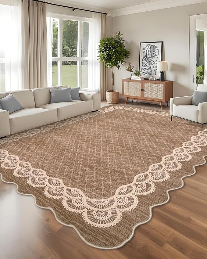 Garvee Scalloped Washable Area Rug 8x10 Rugs for Living Room Camel | Soft Non Slip Rugs for Bedroom, Low Pile Neutral Rug, Stain Resistant Foldable Carpet for Playroom Dorm, Farmhouse Rugs