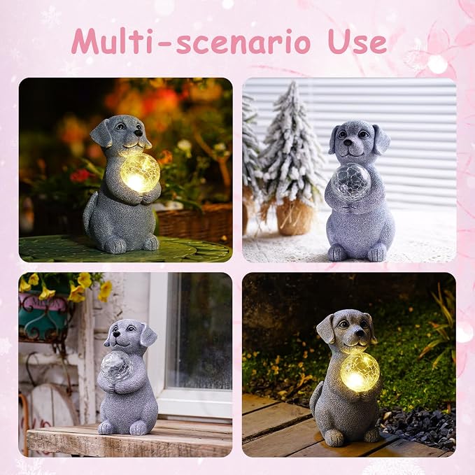 Dog Garden Statues - 8.4 Resin Dog Decor LED Lights | Outdoor Garden Decor for Lawn Porch Yard - Unique Dog Gifts for Mom Grandma