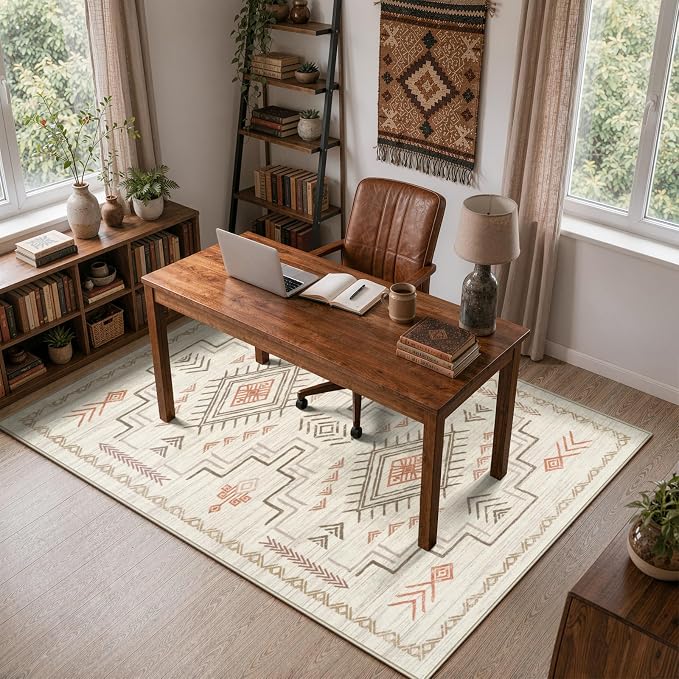 STARUIA Moroccan Washable Area Rug 5x7, Beige Western and Aztec Tribal Boys Neutral Rug for Living Room, Soft Non-Slip Stain Resistant Large Carpet for Bedroom Dining Room
