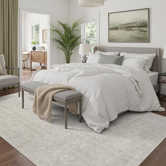 DCX Washable 6x9 Area Rug for Living Room, Soft Beige Gray Neutral Floral Rug with Non-Slip Rubber Backing, Kid & Pet Friendly Low Pile Stain Resistant Carpet for Bedroom, Nursery