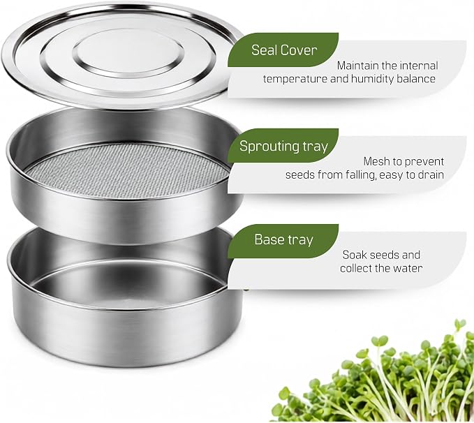 Stainless Steel Sprouting Tray 7,9'' - Round 2-Tier Seed Gardening Planter for Microgreens Broccoli Sprouts Growing Kit Microgreens Tray Germination