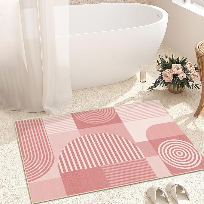 Pink Geometric Rug 2x3 for Entryway Machine Washable Mid Century Modern Rug Non Slip Low Pile Minimalist Line Rugs Door Indoor Mat Carpet for Bathroom Bedroom Kitchen Laundry,Pink