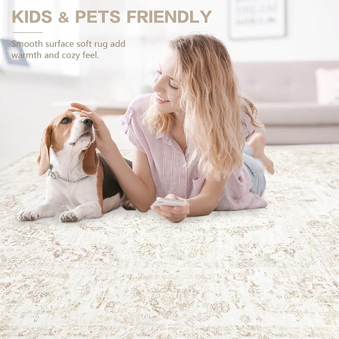 6x9 Area Rugs for Living Room: Washable Rug Vintage Large Rugs Soft Non Slip Low Pile Rug Floral Distressed Floor Carpet for Bedroom Kitchen Nursery Dining Room Home Office (Beige, 6'x9')