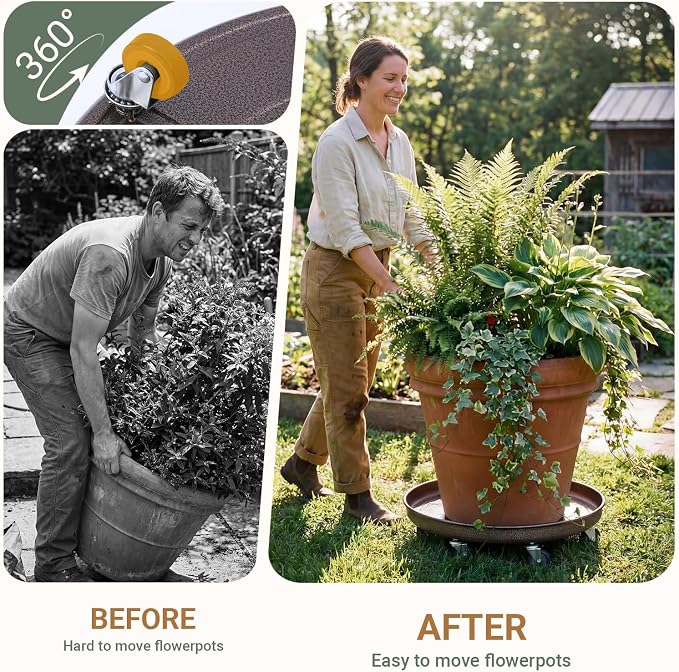 Briwooody 1 Pcs Large Round Plant Saucer with Lockable Wheels Flower Plant Trays Heavy Duty Round Water Catcher Easy to Move for Pots Indoors Outdoor Garden (24 Inch,Copper Gold)