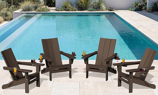 SERWALL Modern Adirondack Chairs Set of 4, Folding Adirondack Chair with Cup Holders, Outdoor HDPE Adirondack Chair for Patio Lawn Garden, Coffee