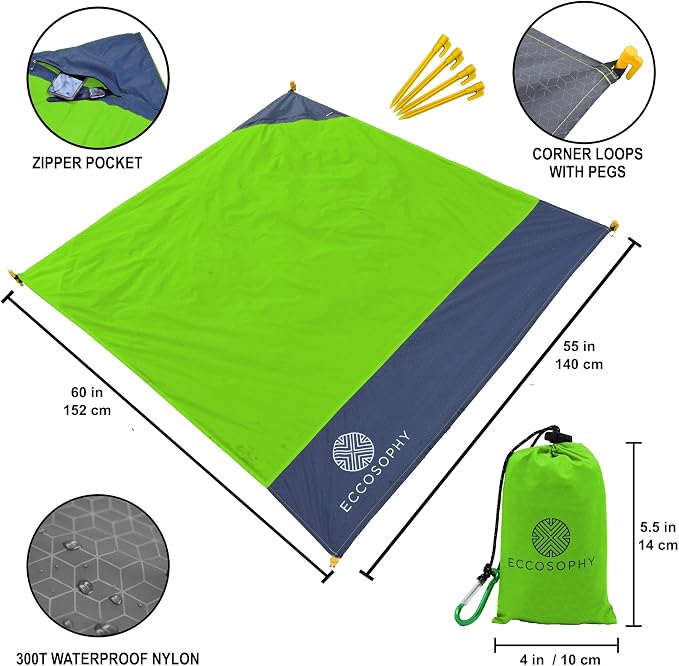 ECCOSOPHY Sand Proof Beach Blanket - Waterproof Picnic Blanket 60x55 Outdoor Compact Pocket Blanket Lightweight Ground Cover for Hiking Camping Festivals Sports Travel with Bag & Stakes (Green)