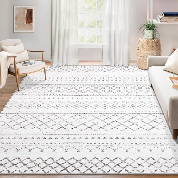 Area Rug for Living Room 6x9: Large Washable Boho Moroccan Rugs Geometric Neutral Rug, Non-Slip Foldable Morden Farmhouse Indoor Floor Carpet for Bedroom Dining Table Home(Dark Grey,6X9)