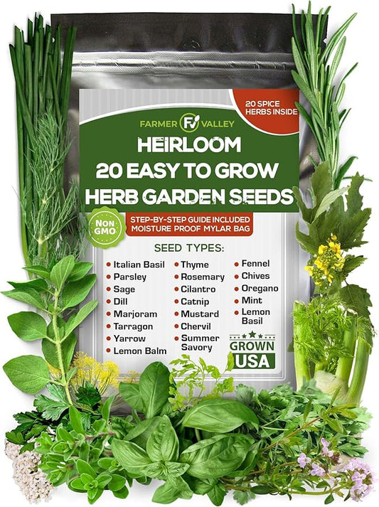20 Easy to Grow Spice and Herb Seeds for Home Gardening - Kitchen & Culinary Herb Plant Seeds for Indoor, Outdoor, and Hydroponic Growing, Including Basil, Parsley, Rosemary, Mint & More