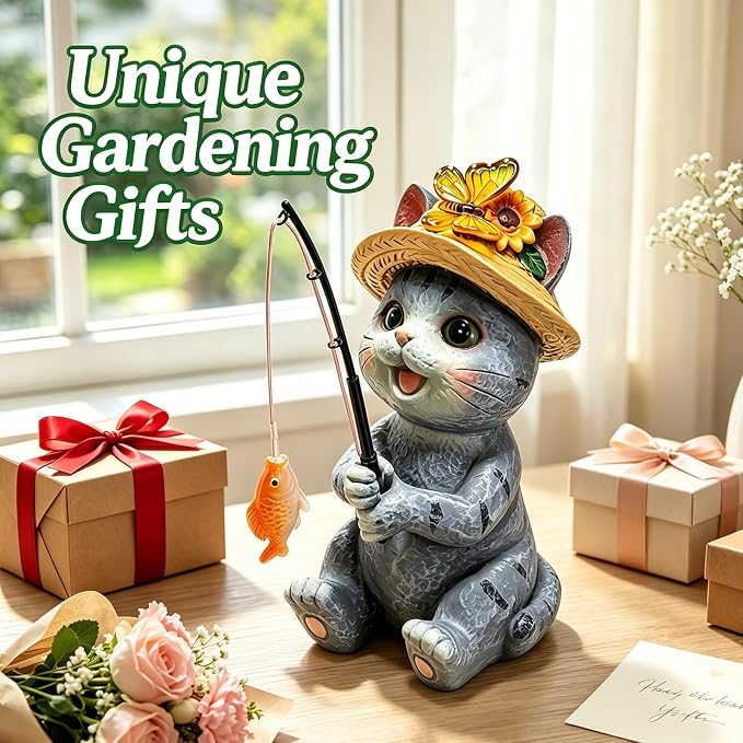 Solar Garden Cat Statues, Outdoor Fishing Cat with Butterfly Solar Lights | Birthday Gifts for Cat Lovers Mom Women, Waterproof Garden Figurines for Yard Decor, Patio Porch Lawn Ornaments
