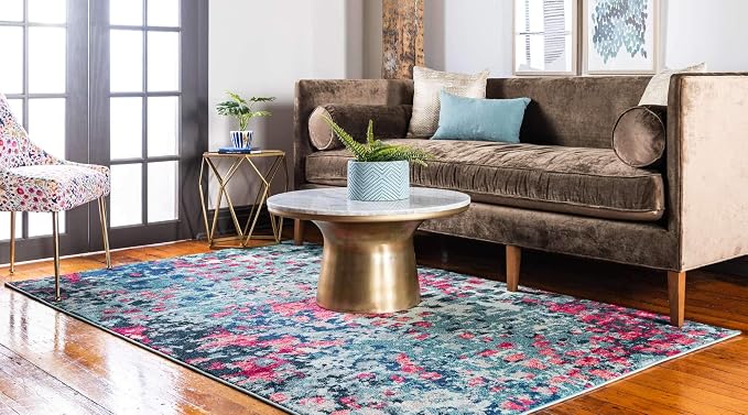 Unique Loom Jardin Collection Colorful, Vibrant, Abstract, Modern Area Rug (10' 6 x 16' 5 Rectangular, Blue/ Pink)