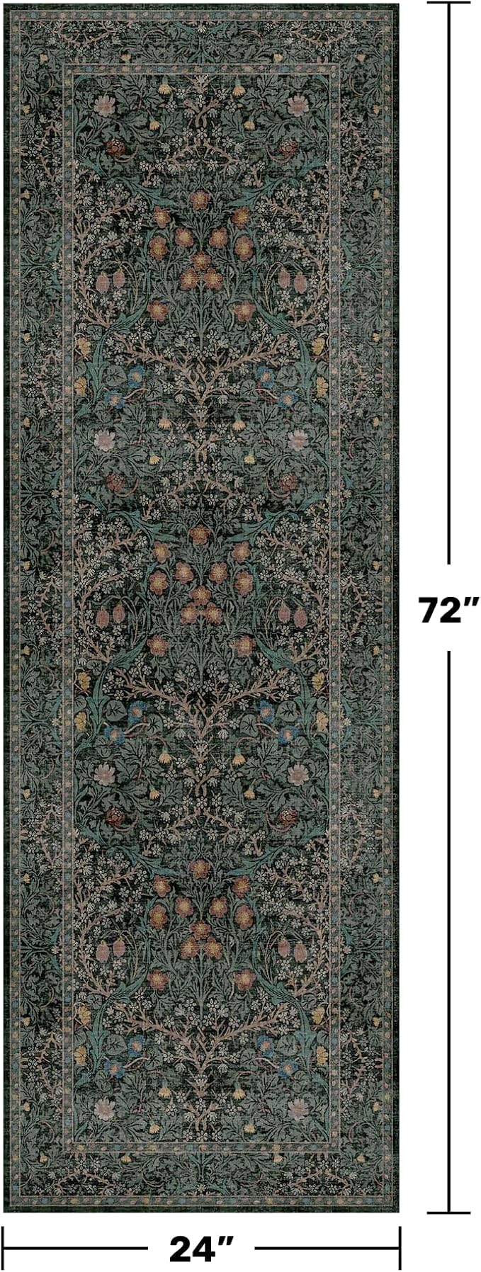 Non Slip 2x6 Kitchen Runner Rug Washable, Rubber Backed Bathroom Runner, Boho Vintage Floral Botanical Dark Green Non Skid Low Pile Soft Carpet for Entryway, Laundry Room, Hallway Mats for Floor