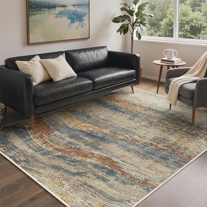 BEIMO 6x9 Washable Area Rug for Living Room, Wave Abstract Taupe Glod | Soft Machine Washable Modern Rug,Streaks Ocean Pattern Non Slip Indoor Marble Brown Carpet for Dining Bedroom Playroom Office