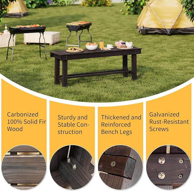 Wood Outdoor Garden Bench 47" Backless Bench 3-Person Seat 100% Solid Fir Carbonized Weatherproof Patio Bench Indoor Bathroom Seat Entryway Shoe Bench for Garden Porch Backyard Pool Balcony (Large)