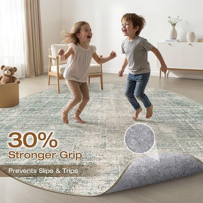 LOONGRUG Round Rug 8x8 Washable Neutral Modern Rug for Living Room Green | Circle Large Abstract Soft Stain Resistant Indoor Non-Slip Carpet for Bedroom Nursery Kids Office Dining Room