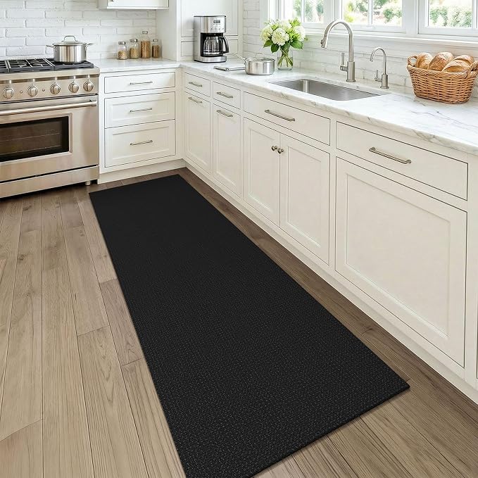 KOZYFLY Black 2x7 Washable Kitchen Runner Rug, Non Slip Runners for Hallway, Cotton Entryway Runner, Braided Floor Carpet for Entry, Kitchen, Bedside, Hall, Black/Dark Grey