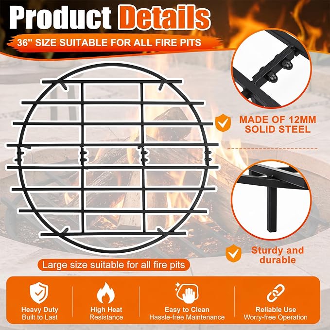 36 Inch Fire Pit Grate Round Heavy-Duty Solid Steel Fire Pit Grate with Elevated Legs, Multi-Functional Log Holder for Fireplace Outdoor Camping, Backyard Barbecue, Cooking