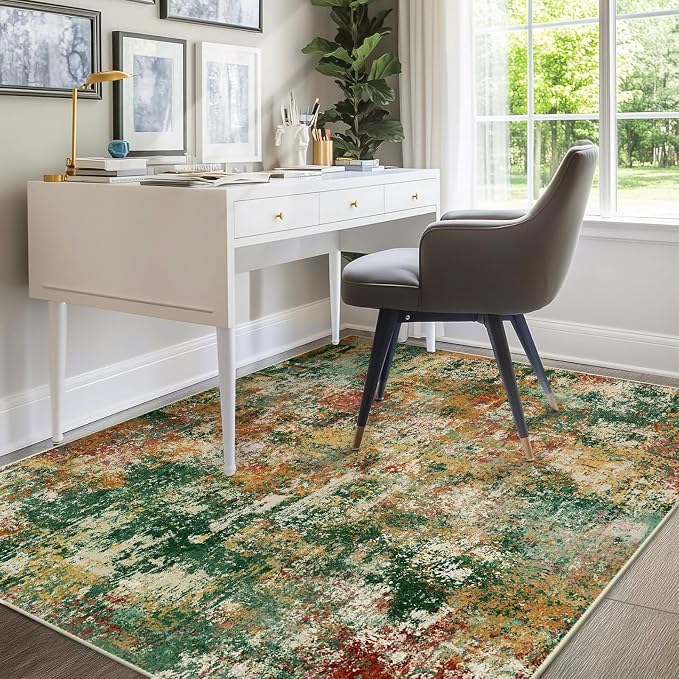RELEANY Washable 6'x9' Abstract Area Rug for Living Room Green Multi | Carpet for Bedroom, Kitchen, Office, Hallway and Entryway, Printed Pattern, Non‑Slip, Soft, Stain‑Resistant, Easy to Clean
